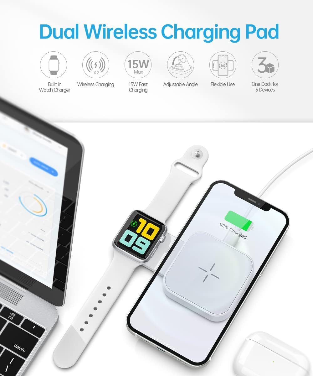 MURCIA 2 in 1 Magnetic Wireless Charger, Folding Dual Fast Magnetic Wireless Charging Station Stand Compatible with Iphone 13/12/ Pro Max/Mini/Apple Watch Se/7/6/5/4/3/2/1