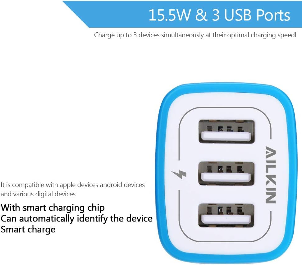 USB Charger Multi Port,  USB Charger Charging Block USB Wall Plug Travel Charger Fast Phone Cube Brick USB Box for Iphone 15 14 13 12 11 10 X, Samsung Galaxy, Google Pixel, Motorola (Blue/3Port)
