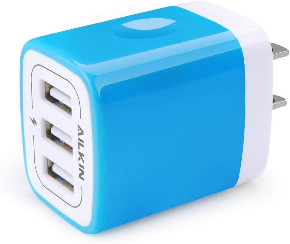 USB Charger Multi Port,  USB Charger Charging Block USB Wall Plug Travel Charger Fast Phone Cube Brick USB Box for Iphone 15 14 13 12 11 10 X, Samsung Galaxy, Google Pixel, Motorola (Blue/3Port)