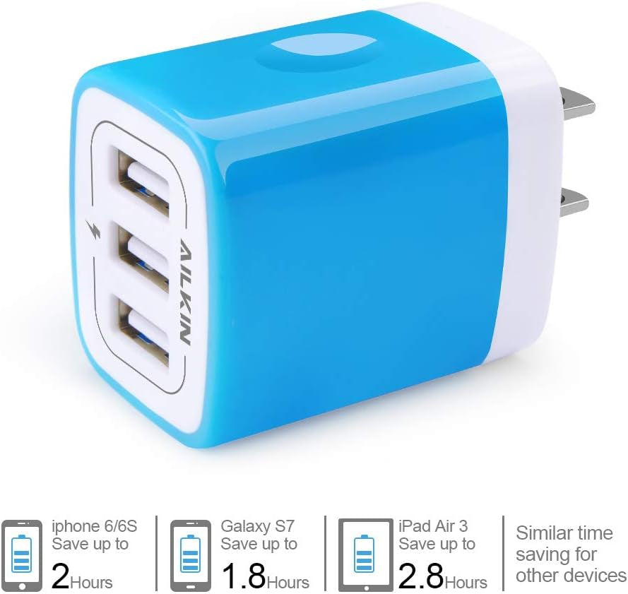 USB Charger Multi Port,  USB Charger Charging Block USB Wall Plug Travel Charger Fast Phone Cube Brick USB Box for Iphone 15 14 13 12 11 10 X, Samsung Galaxy, Google Pixel, Motorola (Blue/3Port)