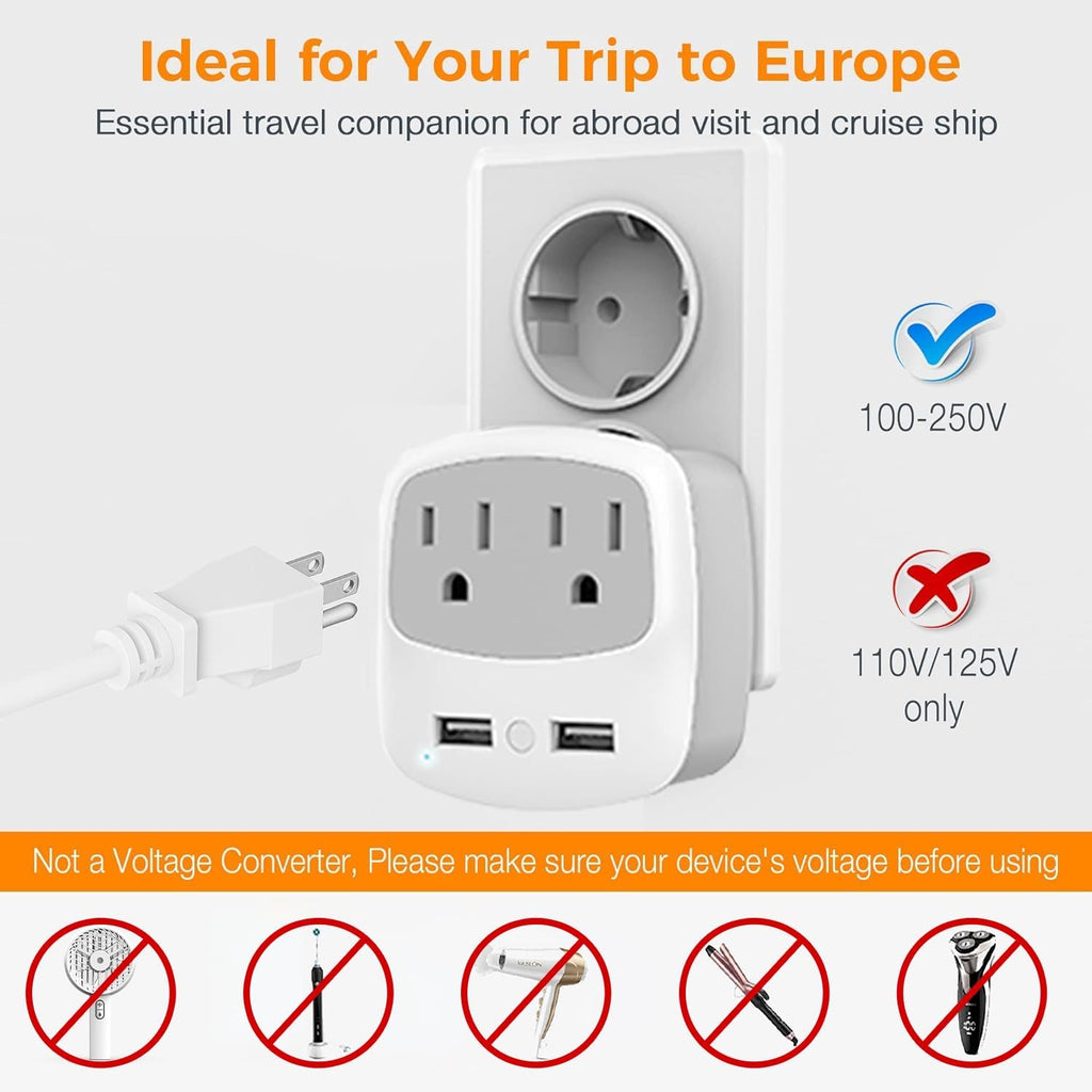 European Travel Plug Adapter Converter,  International Power Plug Converter with 2 USB, Type C Outlet Adaptor Charger for US to Most of Europe EU Iceland Spain Italy France Germany