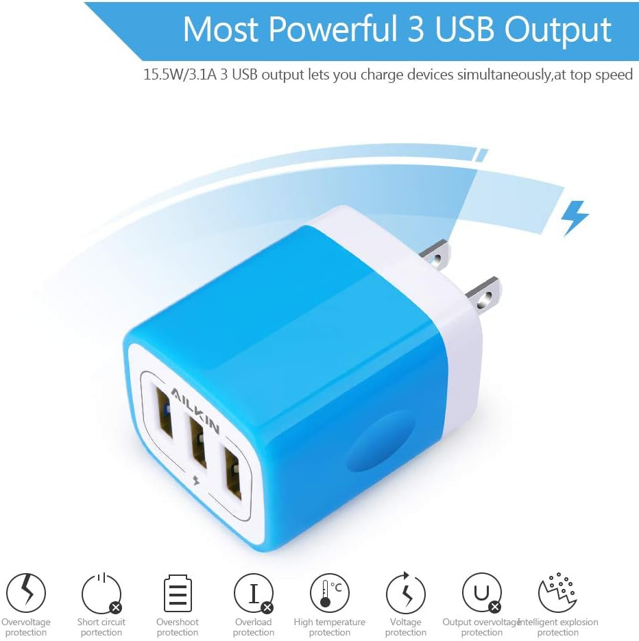 USB Charger Multi Port,  USB Charger Charging Block USB Wall Plug Travel Charger Fast Phone Cube Brick USB Box for Iphone 15 14 13 12 11 10 X, Samsung Galaxy, Google Pixel, Motorola (Blue/3Port)