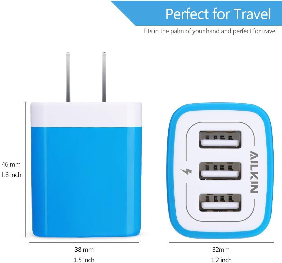 USB Charger Multi Port,  USB Charger Charging Block USB Wall Plug Travel Charger Fast Phone Cube Brick USB Box for Iphone 15 14 13 12 11 10 X, Samsung Galaxy, Google Pixel, Motorola (Blue/3Port)